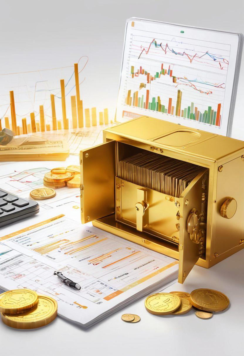 A glowing key unlocking a golden vault overflowing with coins and banknotes, surrounded by charts and graphs depicting upward financial growth; in the background, a diverse group of people discussing and strategizing with laptops and notepads. vibrant colors. super-realistic. white background.