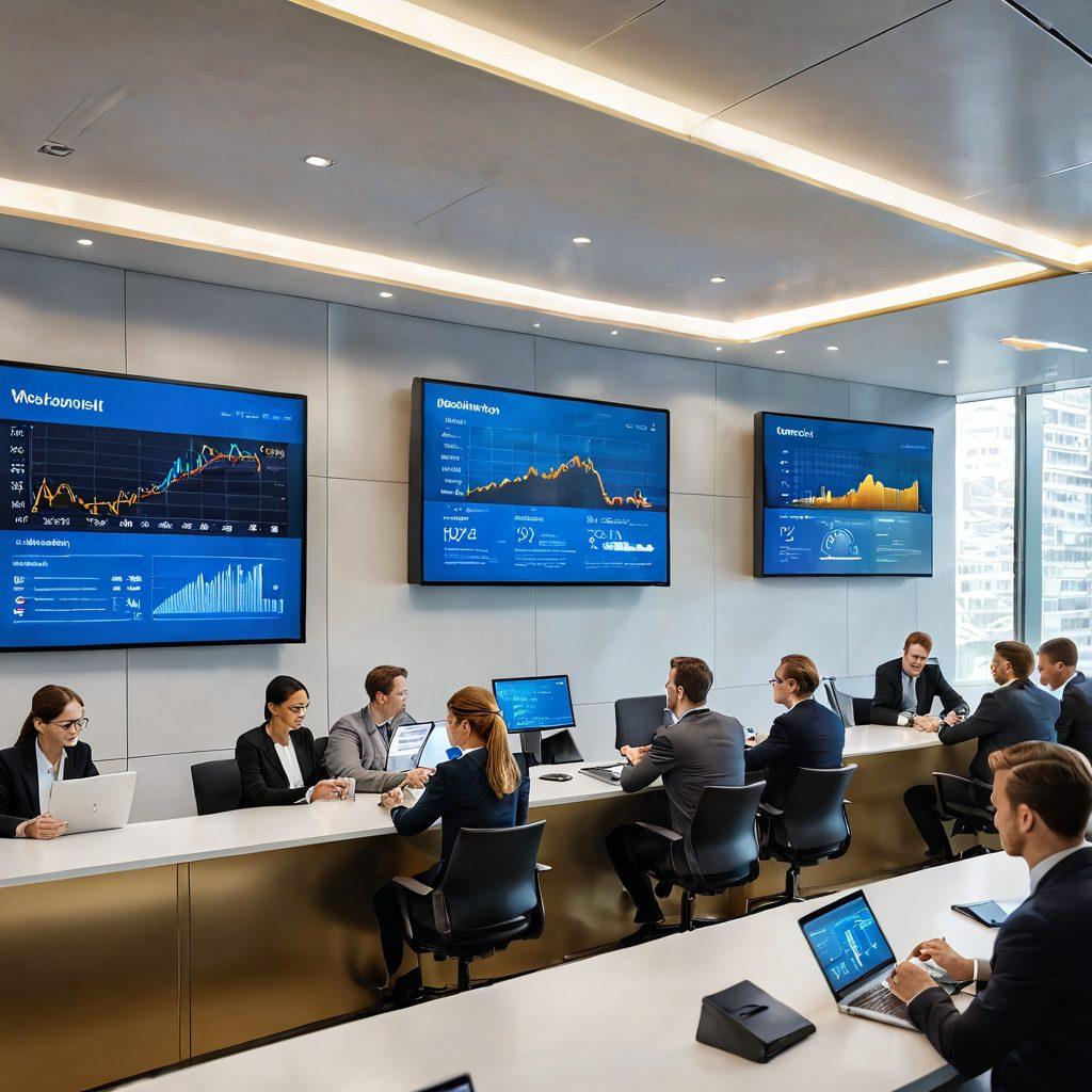 A modern, sleek bank interior filled with digital screens displaying financial data and charts. In the foreground, a diverse group of people engaging in discussions, reviewing documents and tablets, symbolizing collaboration and smart decision-making. Bright, inviting lighting enhances a sense of hope and prosperity. Subtle hints of wealth like gold coins and piggy banks in the background. super-realistic. vibrant colors. white background.