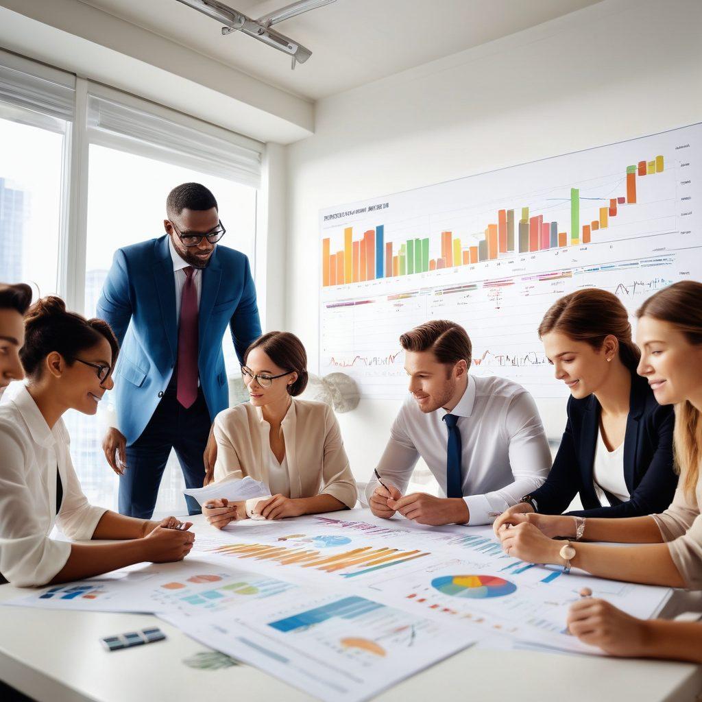 A diverse group of people engaged in a collaborative workshop about investing and saving, surrounded by charts and financial reports. Bright light illuminating a modern office space filled with motivational quotes about financial growth. Visual elements like rising graphs, piggy banks, and currency symbols in the background to symbolize prosperity. super-realistic. vibrant colors. white background.